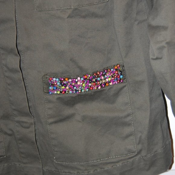 A New Day Women's Army Green Jacket W/ Decorative Beaded Pockets Size Small - Picture 9 of 15